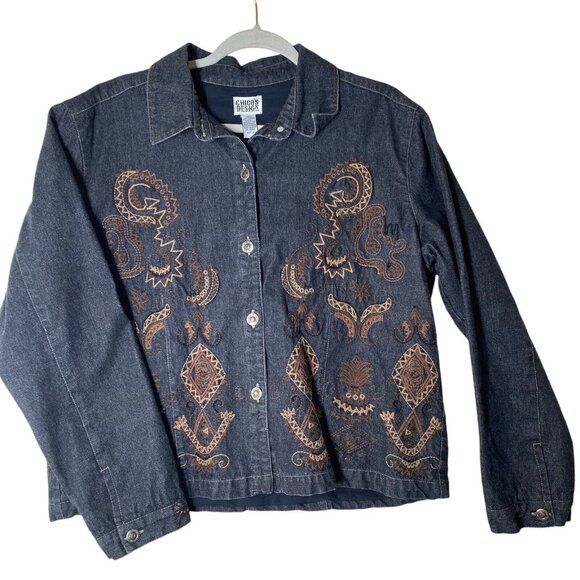 Chico's Denim Jacket Womens Size 2 Medium 12-14 Black Embroidered Lined Blazer - Picture 1 of 9